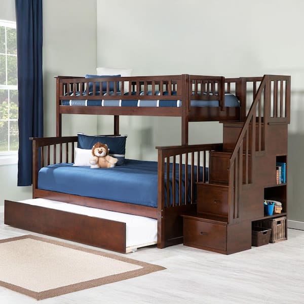 Columbia Staircase Bunk Bed Twin over Full with Full Size Urban Trundle Bed in Walnut