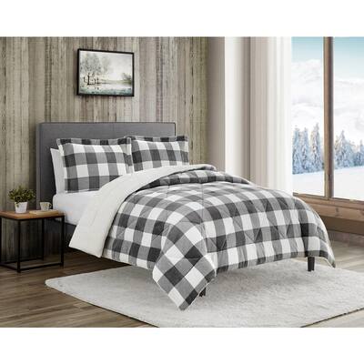 3-Piece Grey and White Buffalo Check Ultra Plush King Comforter Set