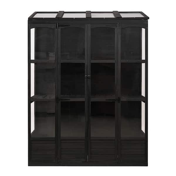 Zeus & Ruta 57.9 in. W x 78.1 in. H Black Wood Greenhouse Balcony Cold Frame with with 4 Skylights and 2 Folding Middle Shelves