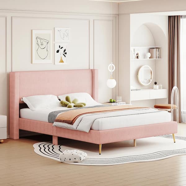 Harper & Bright Designs Pink Wood Frame Queen Size Corduroy Platform Bed with Metal Legs