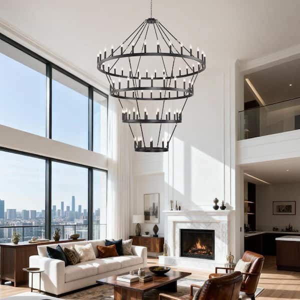 69.3 in. 80-Light 4 Tiers Wagon Wheel Black Metal Chandelier with Adjustable Height