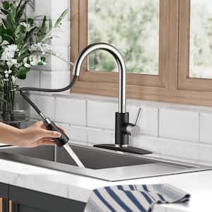 Single-Handle Kitchen Faucet with Pull Down Sprayer High-Arc Kitchen Sink Faucet with Deck Plate in Black Chrome