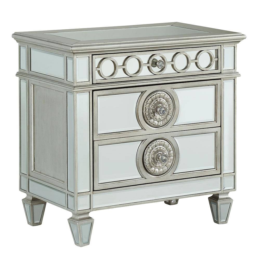 Elegant Silver Mirrored 2-Drawer Nightstand with Geometric Trim