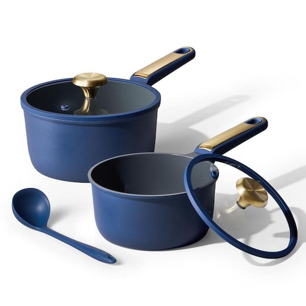 2-Piece Blue Sauce Pan Sets with Lid, Ladle, Nonstick Cooking Pots, Aluminum Kitchen Cookware Set, Induction Compatible