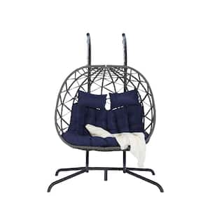 600 lbs Metal Outdoor Rattan Hanging Patio Swing Chair Patio Wicker Egg Chair with Black Stand and Deep Blue Cushions