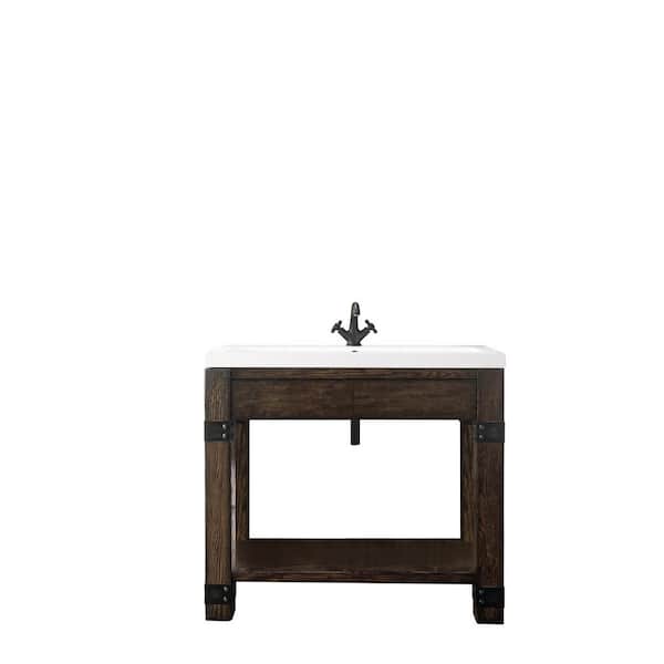 James Martin Vanities 39.4 in. W x 15.4 in. D x 35.5 in. H Brooklyn Wood Console Sink with White Glossy Resin Top in Rustic Ash