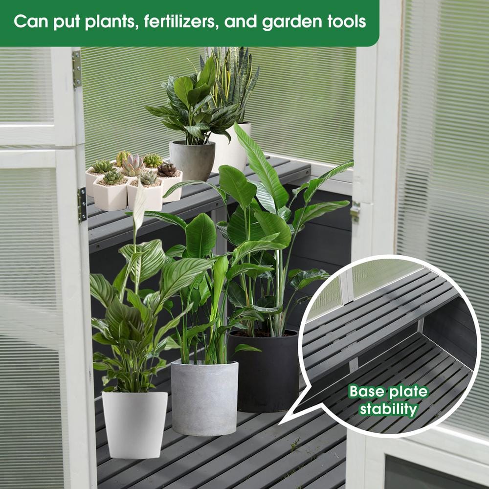 White and Gray Polycarbonate Walk-In Greenhouse with Pine Wood Frame