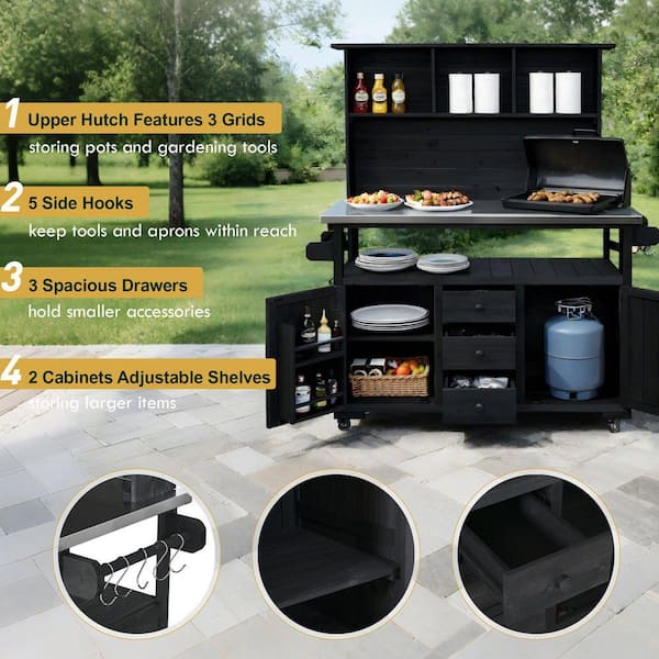 Black Wood 65 in. H 3-in-1 Garden Potting Bench Kitchen Island