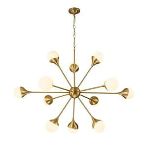 12-Light Brass Modern Sunbrast Sputnik Chandelierfor Kitchen Island with Frosted Glass Shade and No Bulbs Included