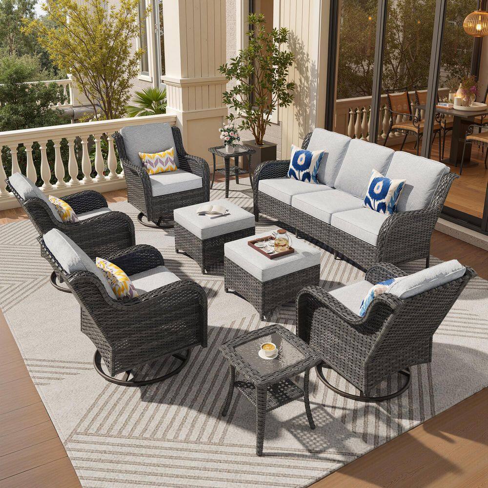 Garnet 9-Piece Wicker Outdoor Patio Conversation Sofa Seating Set with Swivel Rocking Chairs and Light Gray Cushions price history on PriceWatchPro