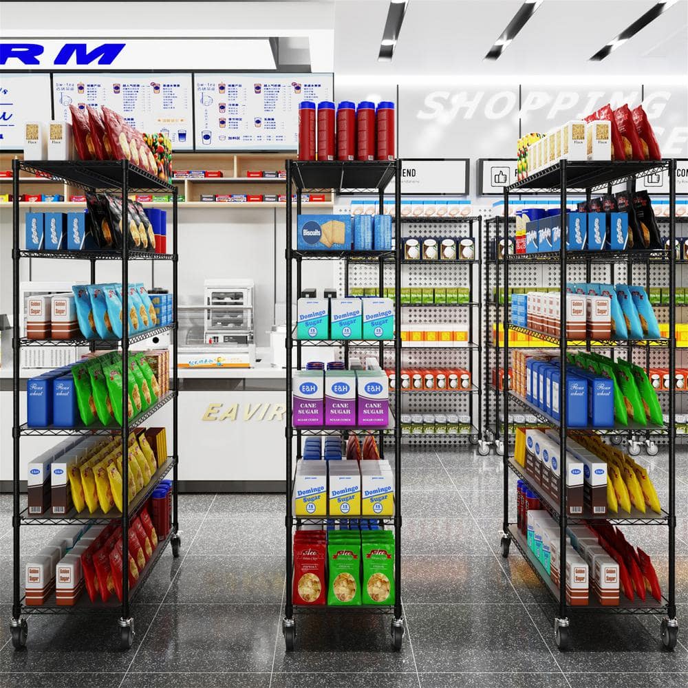 Black 6-Tier Heavy-Duty Adjustable Metal Wire Storage Rack with Wheels