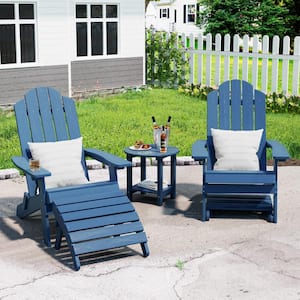 Navy Plastic Outdoor Patio Folding Adirondack Chair with Ottoman