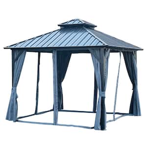12 ft. x 12 ft. Aluminum Double-Roof Hardtop Outdoor Permanent Gazebo with Netting and Curtains