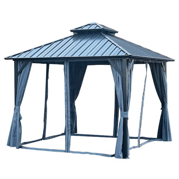 Unbranded 10 ft. x 10 ft. Aluminum Double-Roof Galvanized Steel Hardtop Outdoor Permanent Gazebo with Netting and Curtains