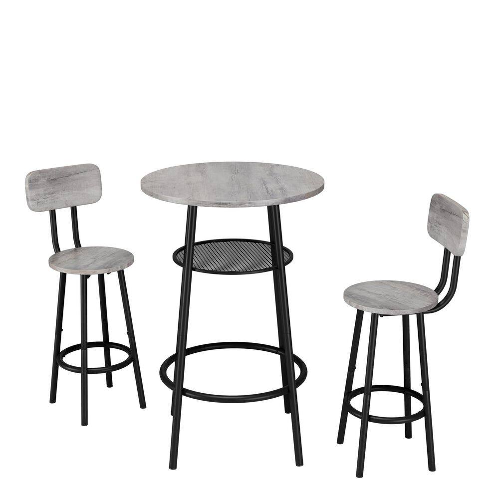 3-Piece Gray MDF Round Bar Table Set Dining Table for 2 Breakfast Table with Storage 2 Stools with Backrest Bistro Set