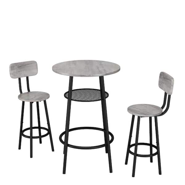 CSC DECOR INC 3-Piece Gray MDF Round Bar Table Set Dining Table for 2 Breakfast Table with Storage 2 Stools with Backrest Bistro Set