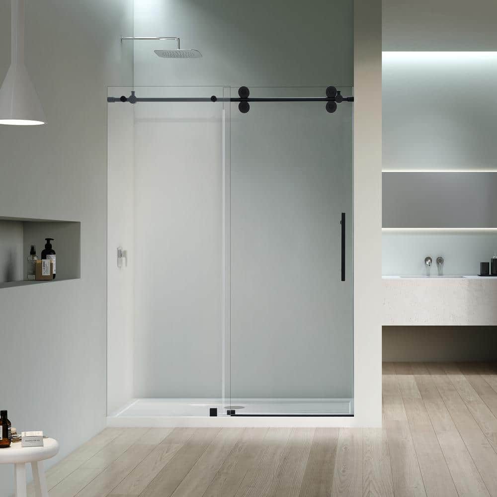 Matte Black Frameless Sliding Shower Door with Clear Glass