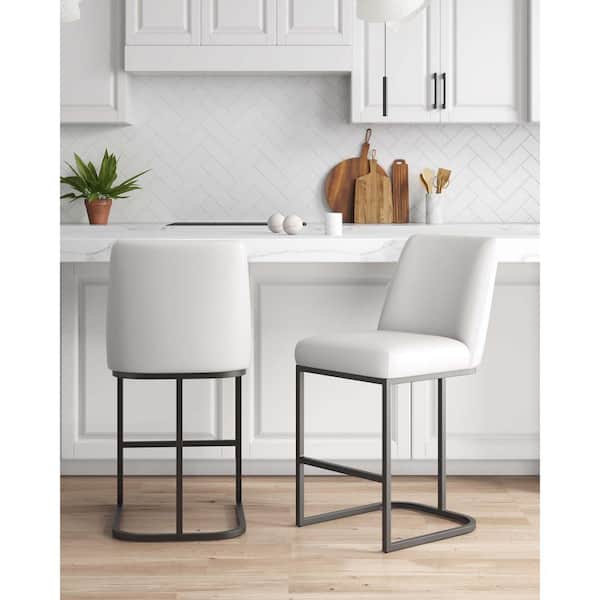 Manhattan Comfort Serena 26.37 in. Modern White Metal Counter Stool with Faux Leather Upholstered Seat (Set of 2)
