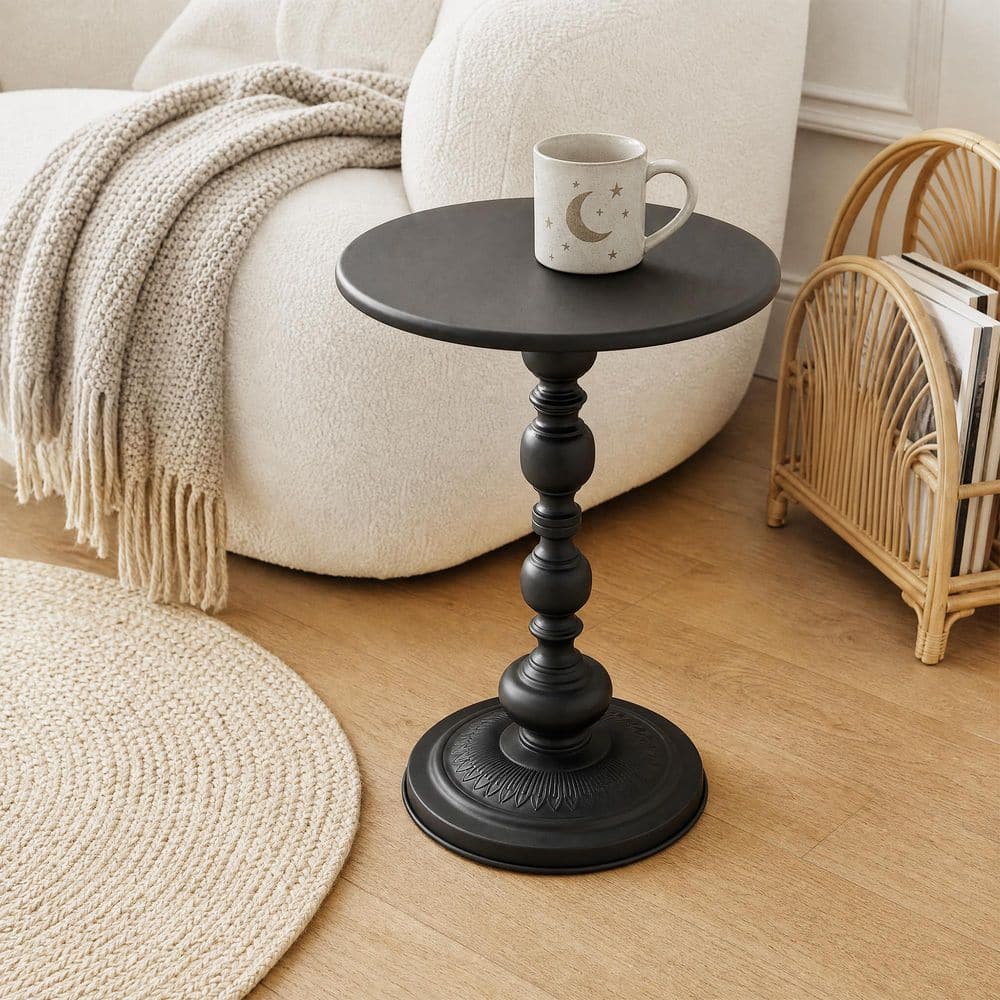 Round Side Table, 16.54 in. Bigger Black Metal Pedestal End Table with Classical Column Base for Living Room, Balcony