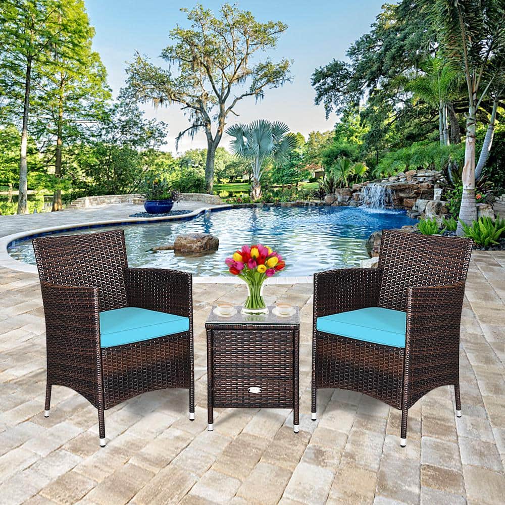 Costway 3-Piece Plastic Wicker Patio Conversation Set with Turquoise Cushions GHM0133TU Sansujyuku sansujyuku.com