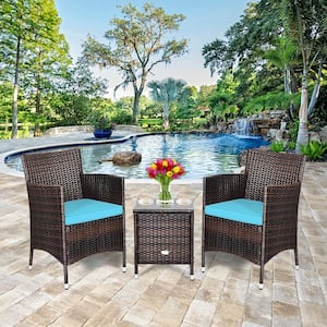 3-Piece Plastic Wicker Patio Conversation Set with Turquoise Cushions