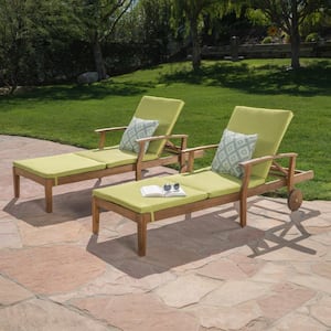 Giancarlo Teak 2-Piece Wood Outdoor Chaise Lounge with Green Cushion