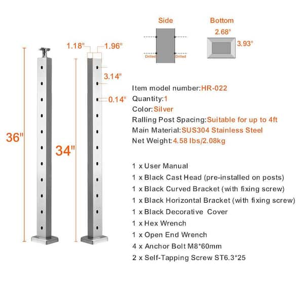 Cable Railing Post Level Deck Stair Post 36 x 0.98 x 1.97 in. Cable Handrail Post Stainless Steel Wire Drawing Deck
