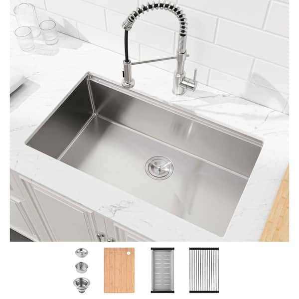 TMS 30 in. L x 19 in. W Brushed Nickel Undermount Single Bowl Stainless Steel Kitchen Sink with Strainer, Cutting Board