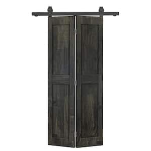 26 in. W. x 80 in. 2-Panel Shaker Hollow Core Charcoal Black Pine Wood Bi-fold Door with Sliding Barn Door Hardware Kit