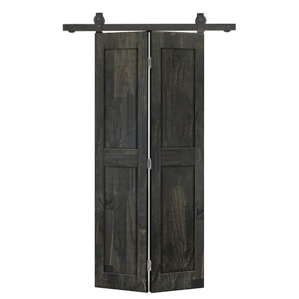 CALHOME 34 in. x 84 in. 2-Panel Shaker Hollow Core Charcoal Black Pine Wood Bi-fold Door with Sliding Barn Door Hardware Kit