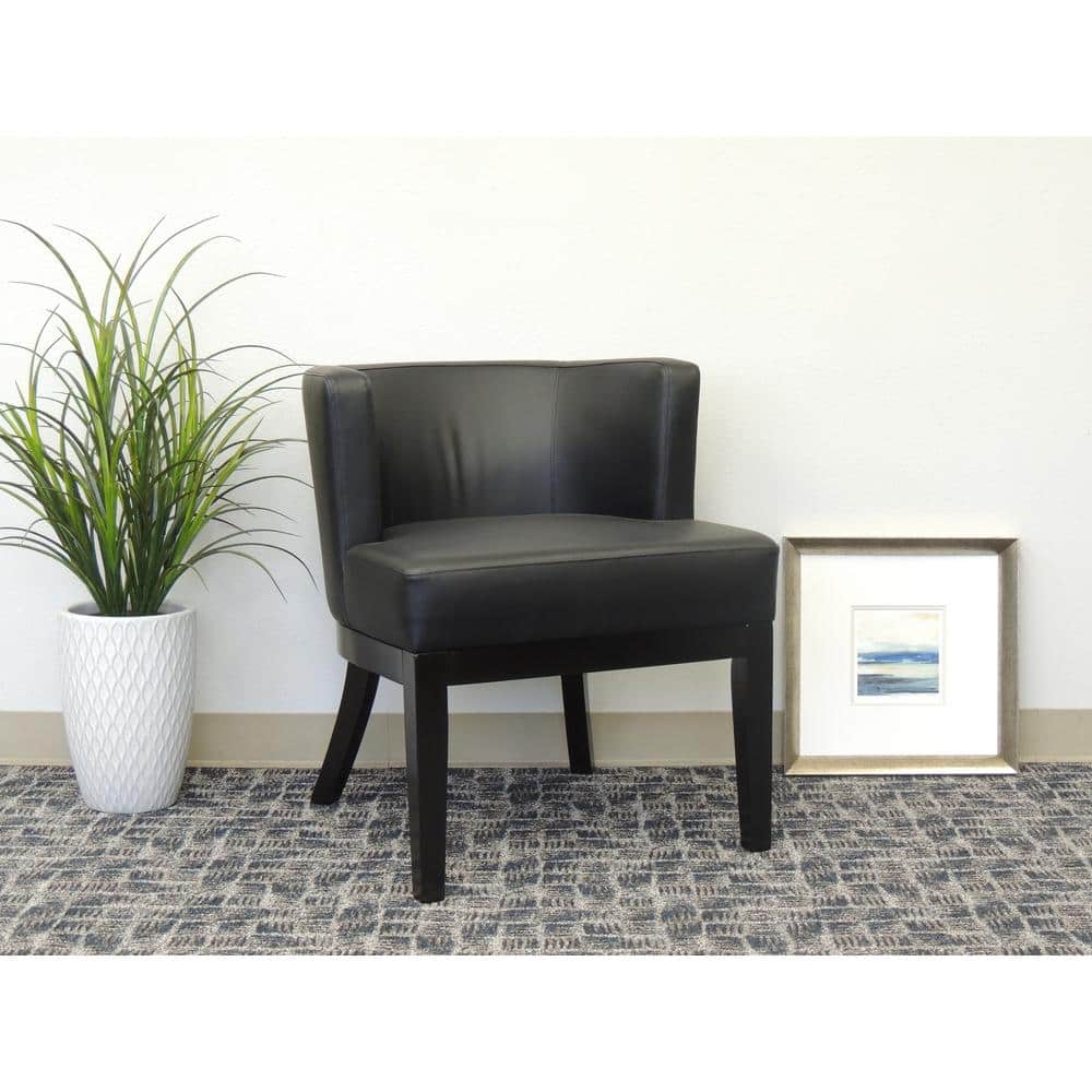 Elegant Barrel Black Leather Accent Chair with Wooden Legs