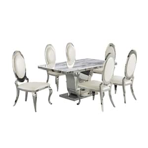 Ada 7-Piece White Marble Top With Stainless Steel Base Table Set With 6 White Faux Leather Oval Back Chairs