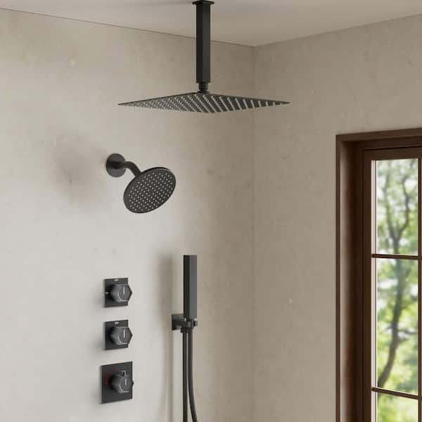 3-Handles Thermostatic Valve 5-Spray 12 and 6 in 2.5 GPM Shower Faucet with 2-Function Handheld Shower in Matte Black