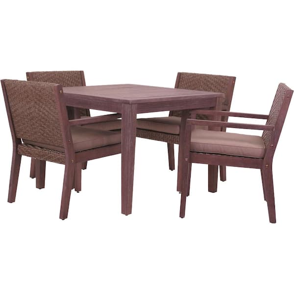 Courtyard Casual Bridgeport II Collection Rustic Taupe Brown Wood 5-Piece Wood Outdoor Dining Set with Sunbrella Beige Cushions