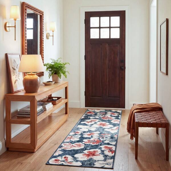 Utopia 2 x 8 Blue/Pink Floral Runner Rug