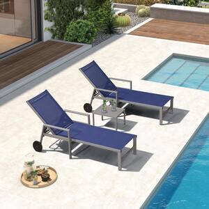 Light Grey Frame Aluminum Outdoor Chaise Lounge Chair with Wheels and Armrests Recliner Chair, Navy Blue