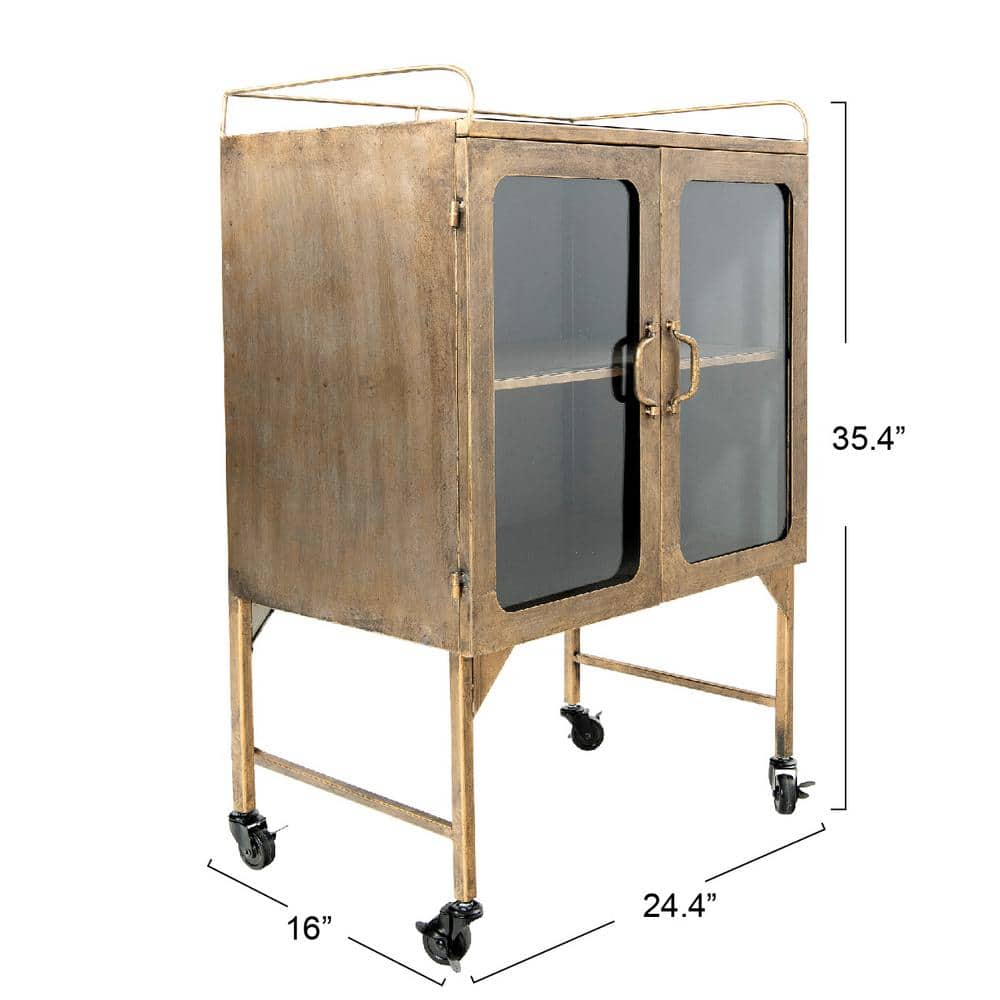 Antique Brass Metal Bathroom Cabinet with Glass Doors and Locking Wheels