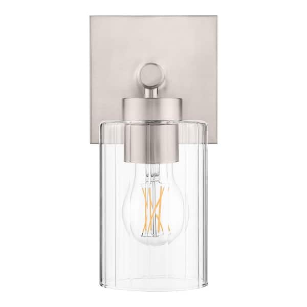 5 in. 1-Light Brushed Nickel Wall Sconce with Clear Ribbed Glass Shade