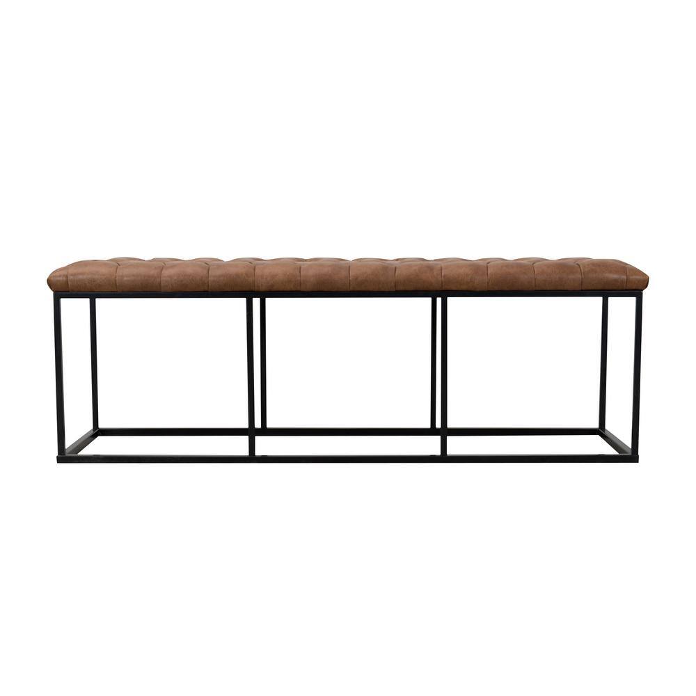Draper 53'' Faux Brown Leather Tufted Bench with Metal Base