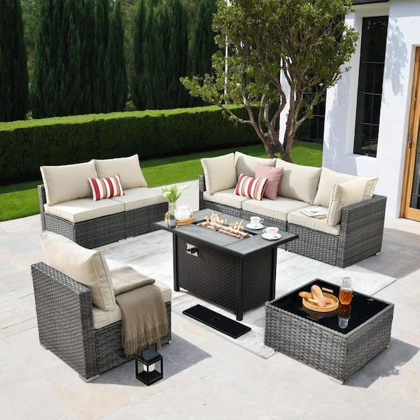Gemini 8-Piece Wicker Patio Rectangular Fire Pit Set with Beige Cushions