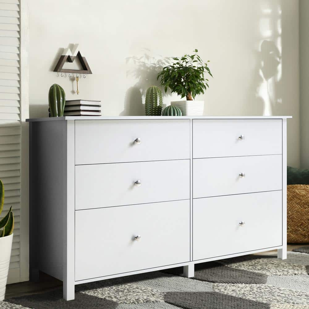 VEIKOUS White 6-Drawer Chest of Drawers Long Storage Dresser with 2 ...