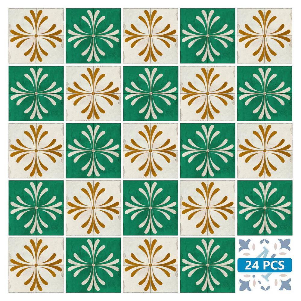8x8-inch Antiquewhite Green Gold Vinyl Peel and Stick Tile Stickers