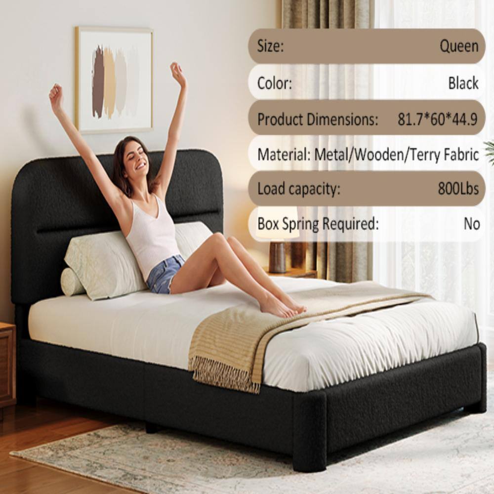 Queen bed with black headboard, size and material specifications.
