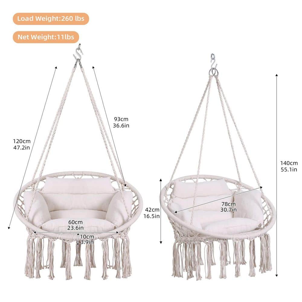 Dimension diagram of the beige macrame hammock chair.