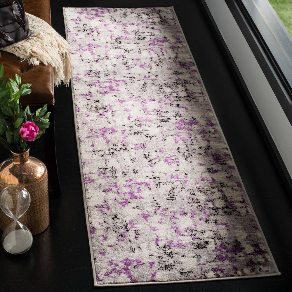 Modern Abstract Grey & Purple Synthetic Area Rug - 2' x 10'