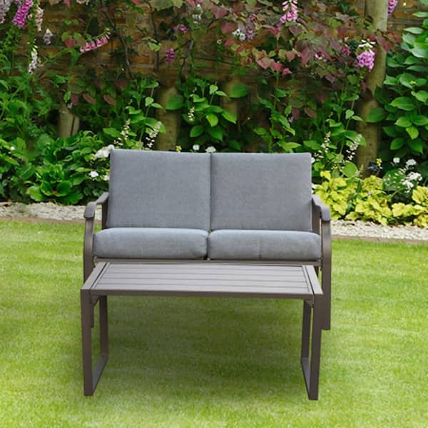 Afoxsos Mushroom 2-Piece Metal Outdoor Loveseat with Gray Cushions, Rectangle Table