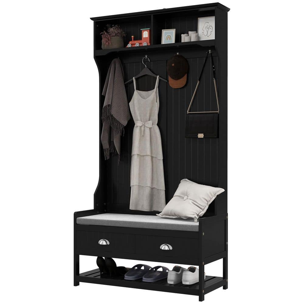 34.25 in. W x 16.5 in. D x 67.75 in. H Black Wood Hall Tree with Coat Rack,