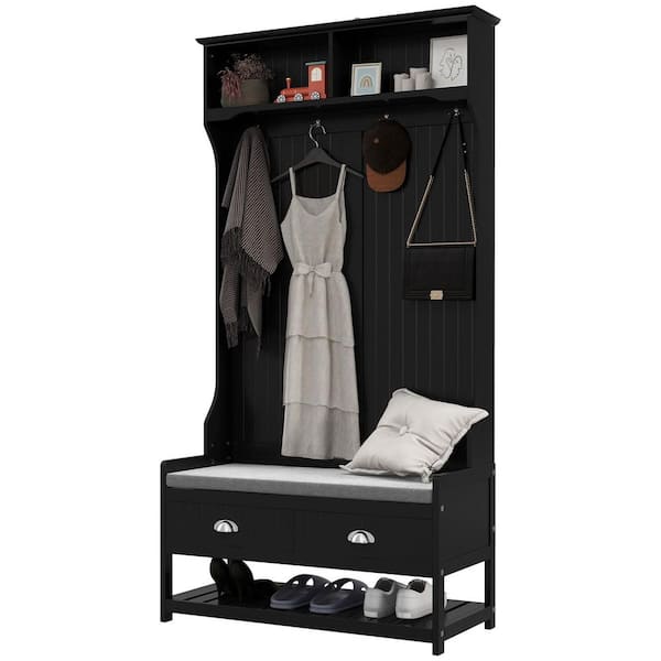 Unbranded 34.25 in. W x 16.5 in. D x 67.75 in. H Black Wood Hall Tree with Coat Rack, Shoe Rack and 4 Hooks for Entryways, Hallway