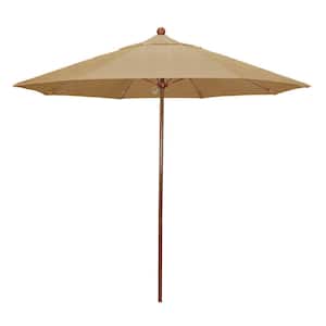 9 ft. Woodgrain Aluminum Commercial Market Patio Umbrella Fiberglass Ribs and Push Lift in Linen Sesame Sunbrella