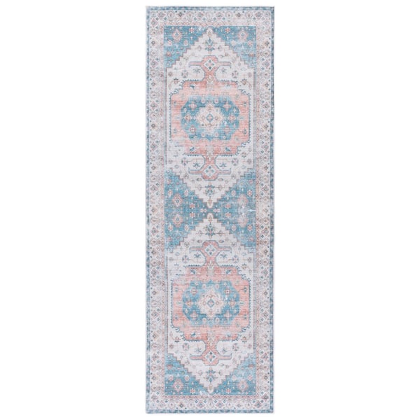 Arizona 3 ft. x 8 ft. Beige/Light Blue Machine Washable Transitional Medallion Distressed Runner Rug